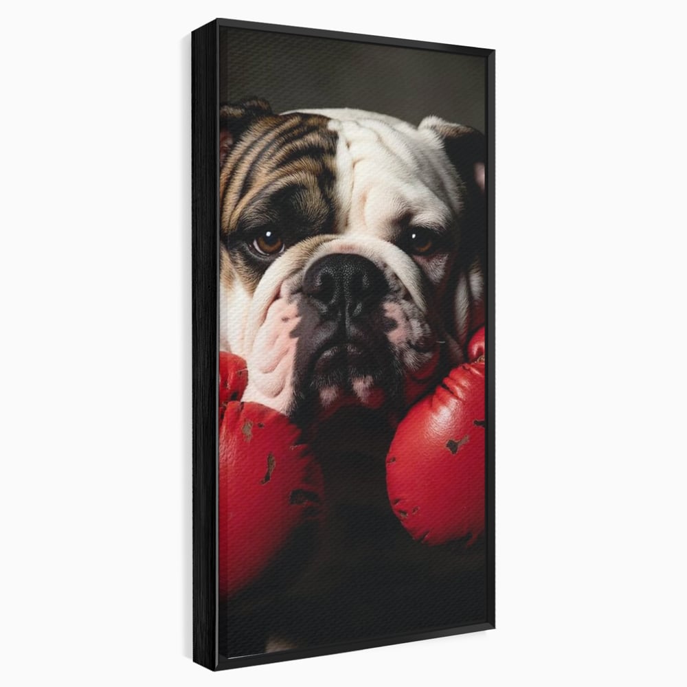 Tablou canvas cu tablou canvas cu bulldog in manusi de box, in rama de aluminiu negru